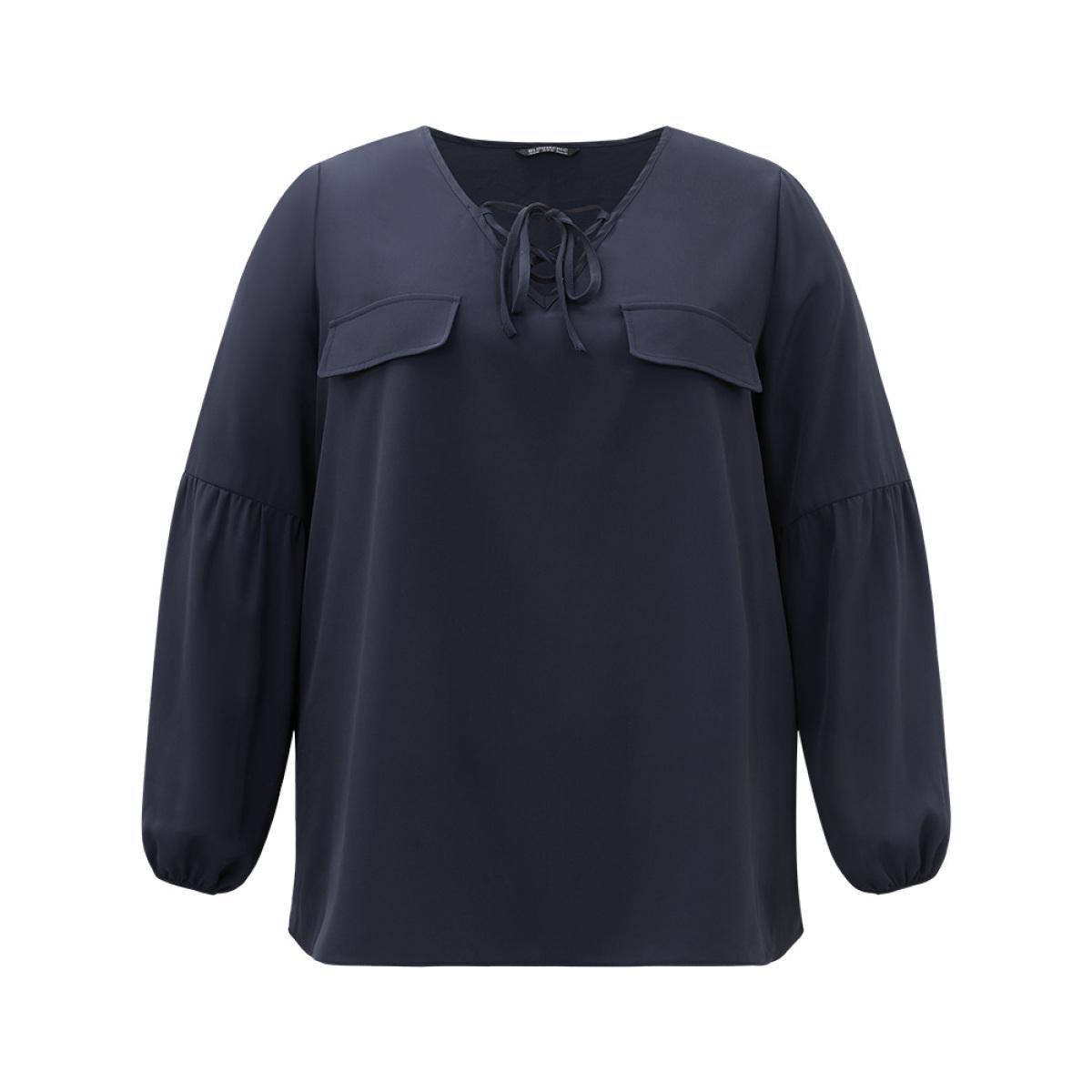 Plus Size Indigo Solid Elastic Cuffs Lace Up Blouse Women Office Long Sleeve V-neck Work Blouses BloomChic 12/L Product Image