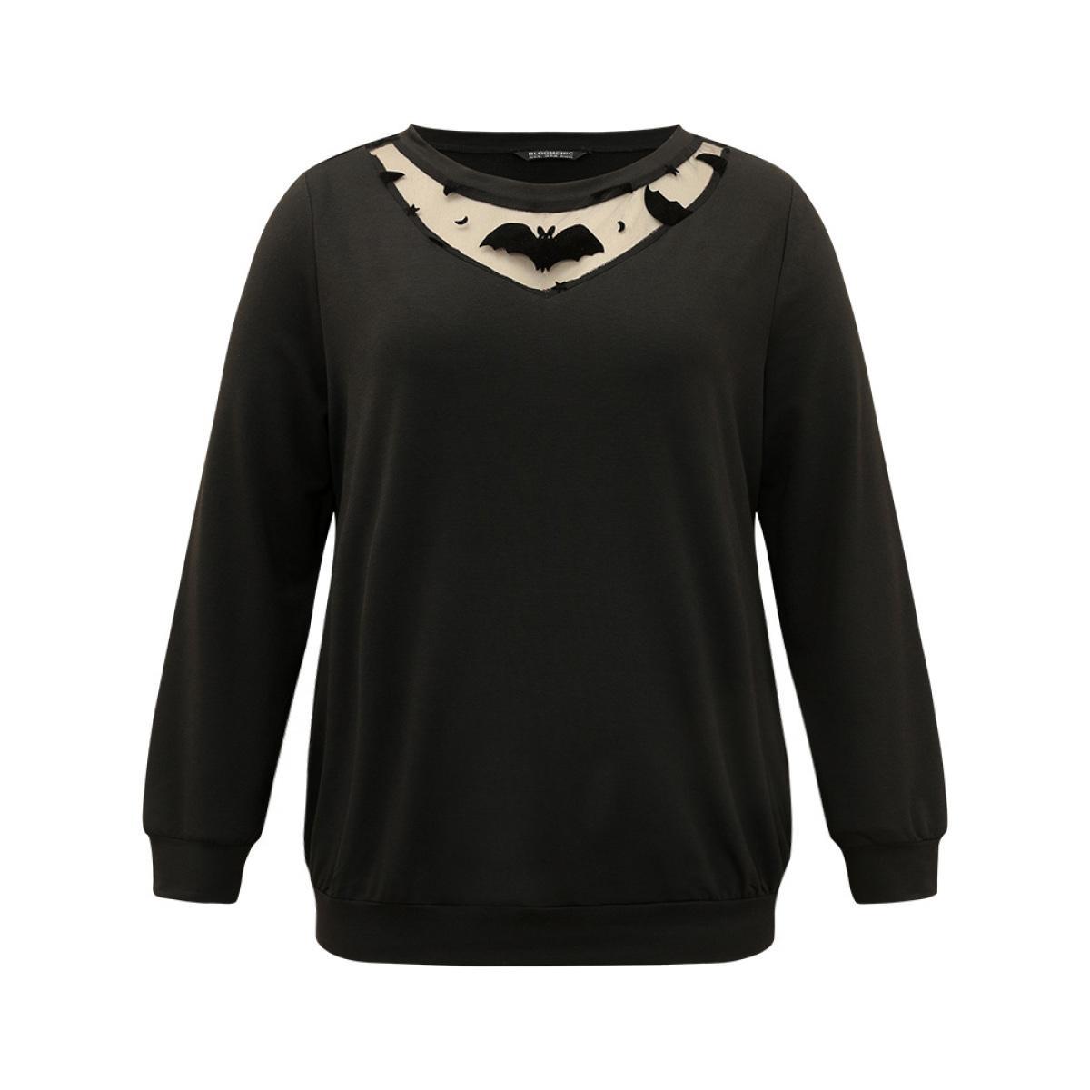 Plus Size Halloween Bat Print Mesh Patchwork Sweatshirt Women Black Elegant Elastic cuffs Round Neck Festival-Halloween Sweatshirts BloomChic 28/5X Product Image