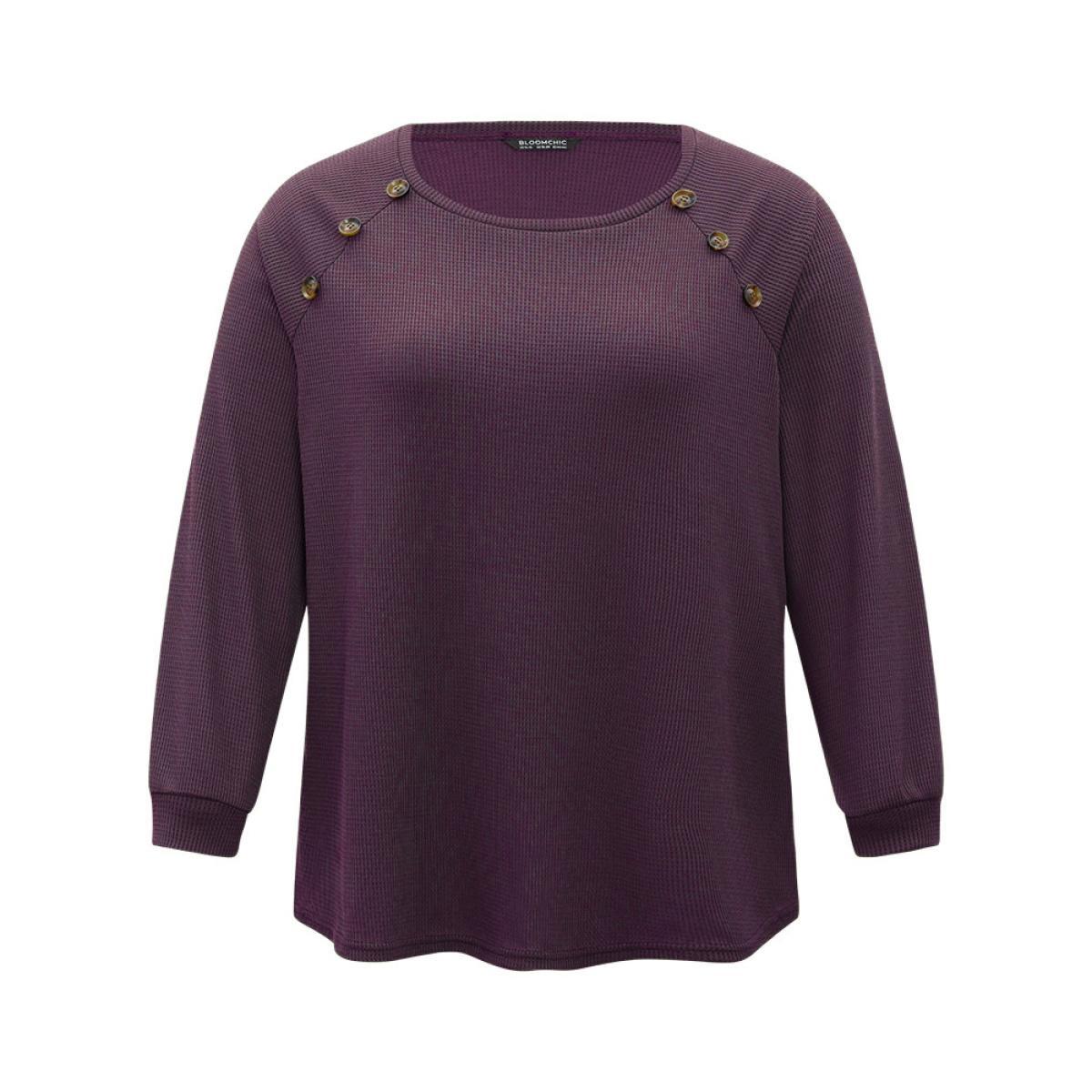 Plus Size Plain Waffle Knit Button Detail Crew Neck Raglan Sleeve T-shirt Purple Women Casual Elastic cuffs Plain Round Neck Dailywear T-shirts BloomChic 28/5X Product Image
