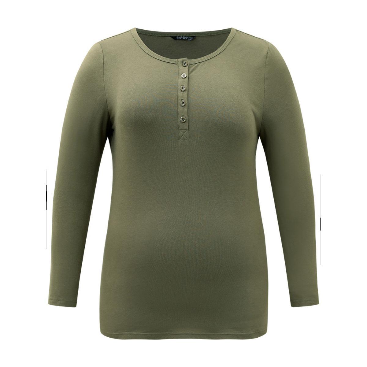 Plus Size Cotton Solid Button Down T-shirt ArmyGreen Women Elegant Plain Plain Round Neck Dailywear T-shirts BloomChic 10/M Product Image