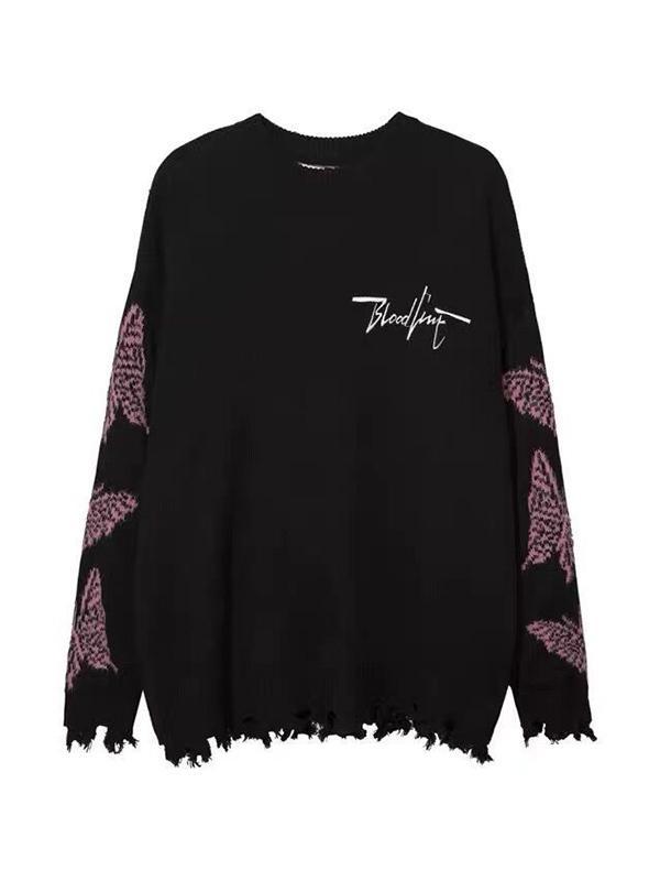 Men's Butterfly Print Frayed Hem Sweater Product Image