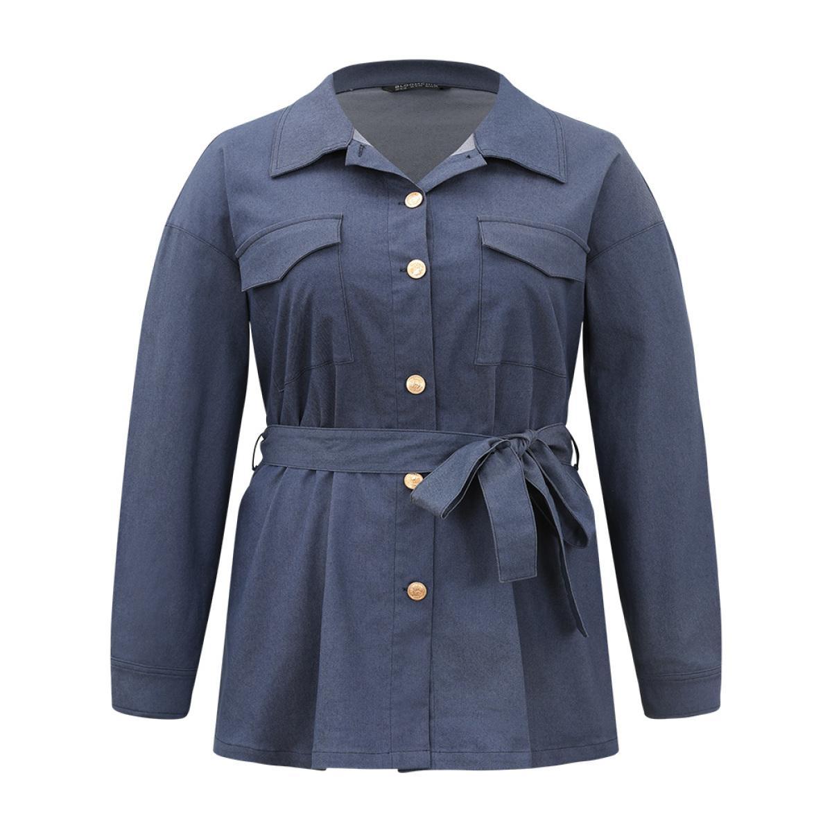Plus Size Plain Ties Pocket Button Through Shacket Women Indigo Casual Plain Ladies Dailywear Winter Coats BloomChic 18-20/2X Product Image