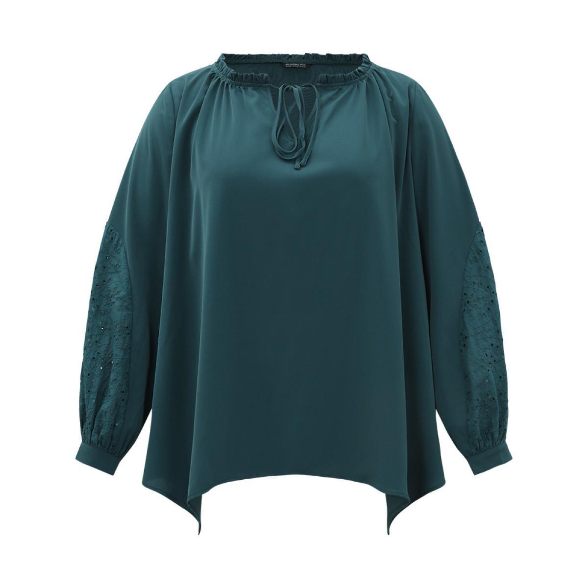 Plus Size DarkGreen Anti-Wrinkle Broderie Anglaise Knot Neck Frill Trim Lantern Sleeve Blouse Women Office Long Sleeve Tie Neck Work Blouses BloomChic 10/M Product Image