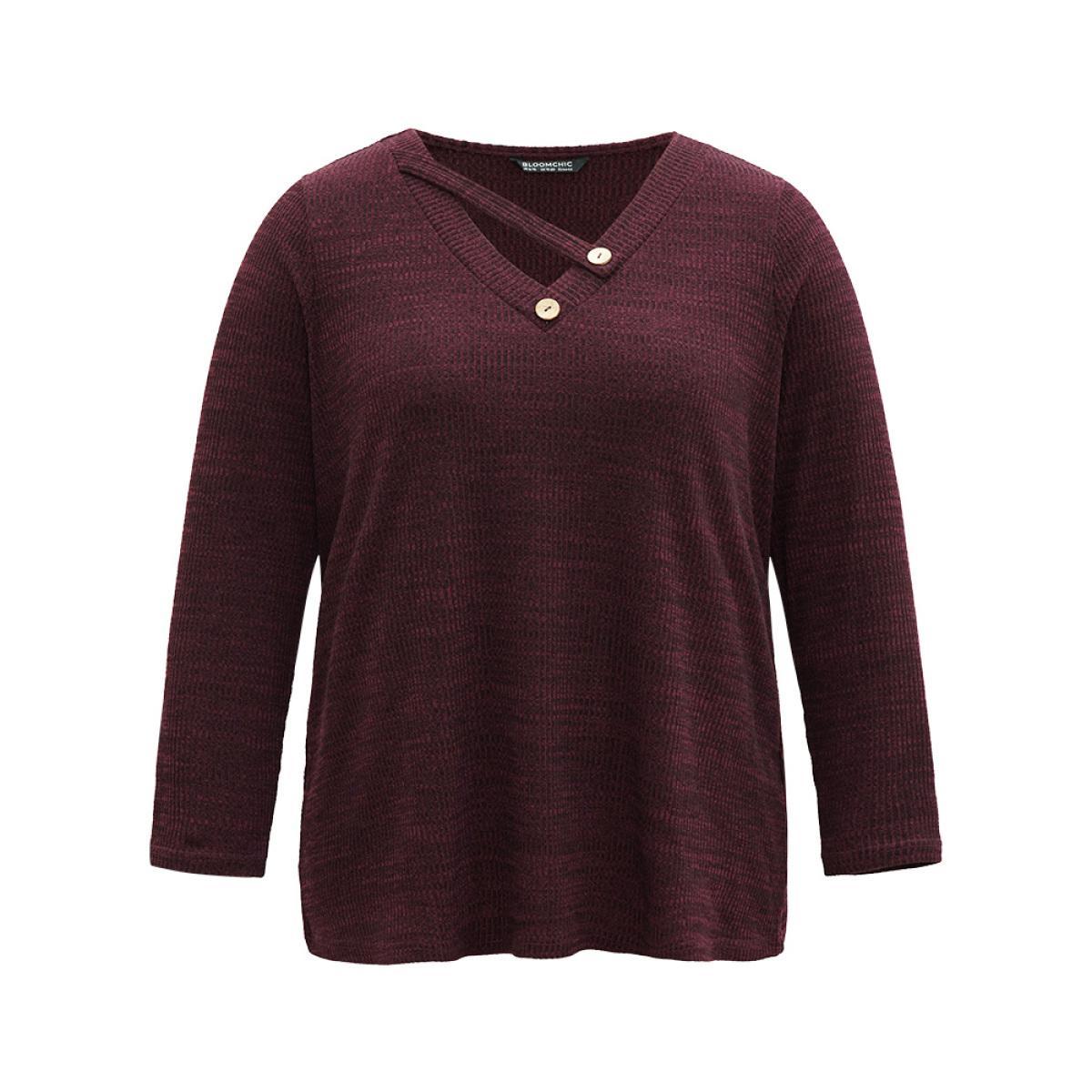 Plus Size Solid Rib Knit Button Detail T-shirt Red Women Casual Non Plain V-neck Everyday T-shirts BloomChic 22-24/3X Product Image