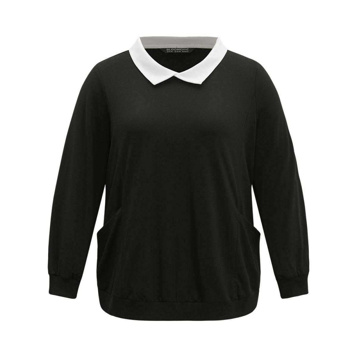 Plus Size Halloween Contrast Shirt Collar Patched Pocket Sweatshirt Women Black Casual Contrast Shirt collar Festival-Halloween Sweatshirts BloomChic 12/L Product Image