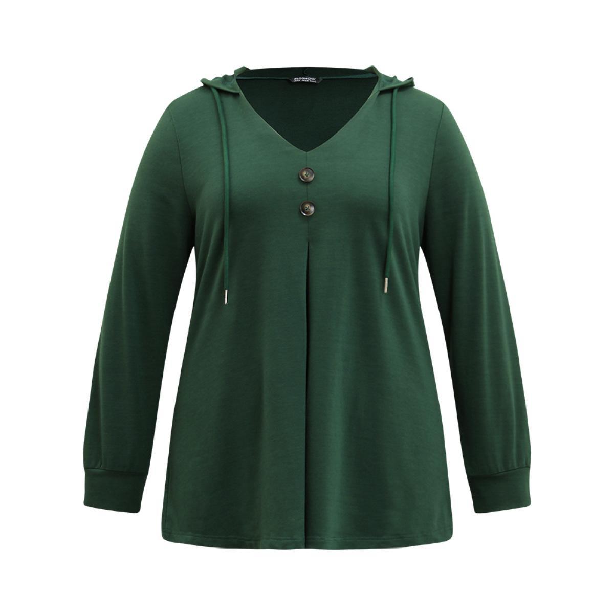 Plus Size Hooded Button Detail Plicated Detail Sweatshirt Women DarkGreen Casual Plain Hooded Everyday Sweatshirts BloomChic 18-20/2X Product Image