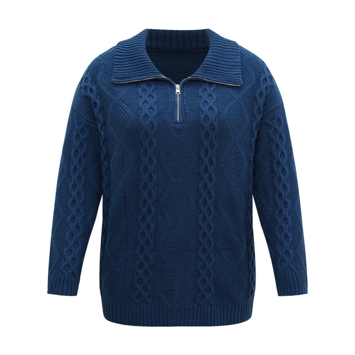 Plus Size Zipper Lapel Collar Cable Knit Pullover Indigo Women Casual Loose Long Sleeve Lapel Collar Dailywear Pullovers BloomChic 22-24/3X Product Image