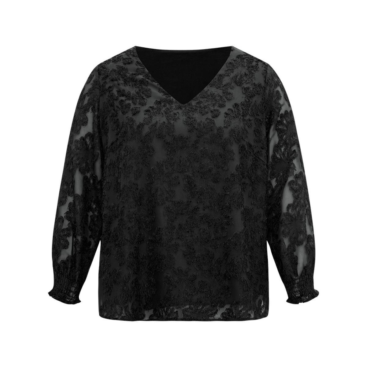 Plus Size Black Plain Appliques Mesh V Neck Shirred Blouse Women Glamour Long Sleeve V-neck Festival-Christmas Blouses BloomChic 26/4X Product Image