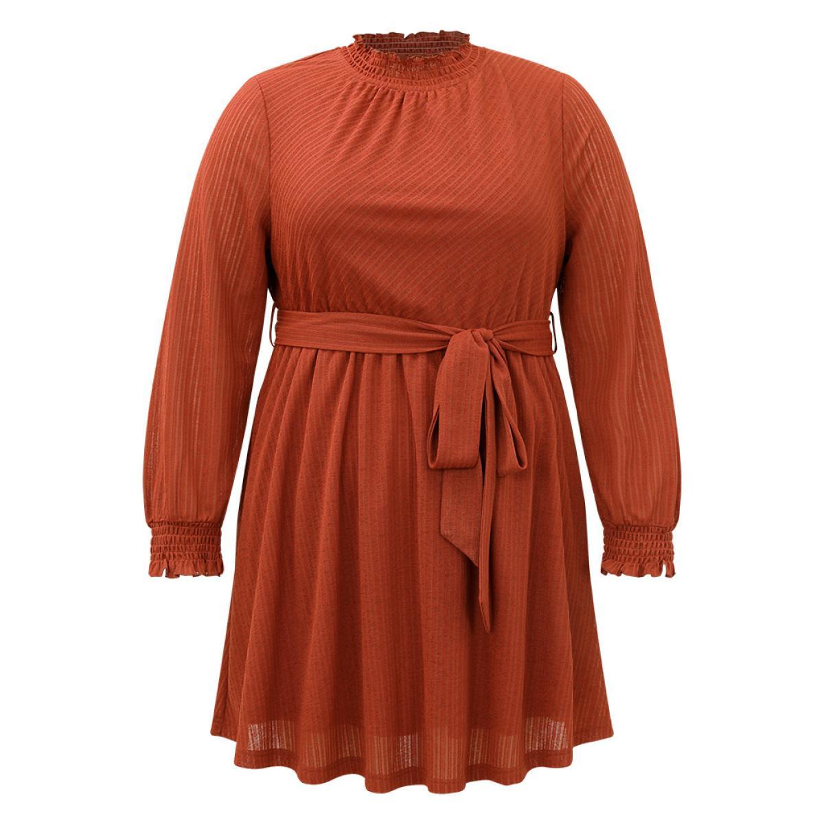 Plus Size Solid Shirred Belted Mock Neck Dress Rust Women Elegant Texture Mock Neck Long Sleeve Curvy Midi Dress BloomChic 10/M Product Image