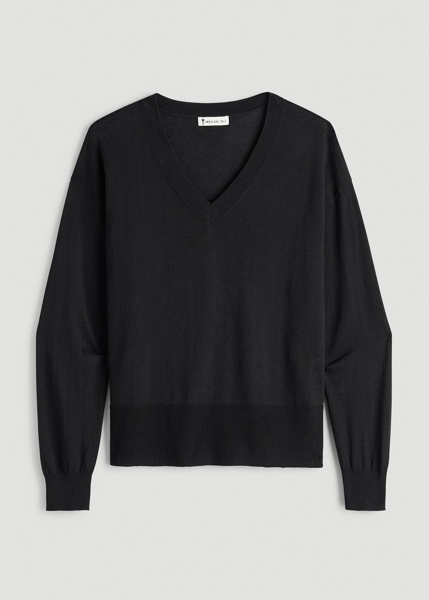 Linen Blend Split Hem V-Neck Sweater for Tall Women in Black Female Product Image