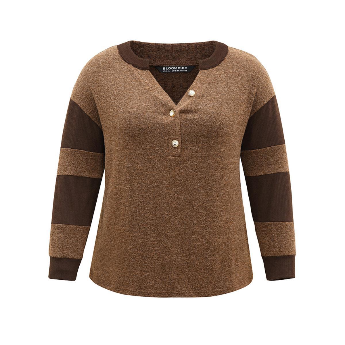 Plus Size Contrast Patchwork Notched Button Up T-shirt DarkBrown Women Casual Contrast Plain Notched collar Dailywear T-shirts BloomChic 22-24/3X Product Image
