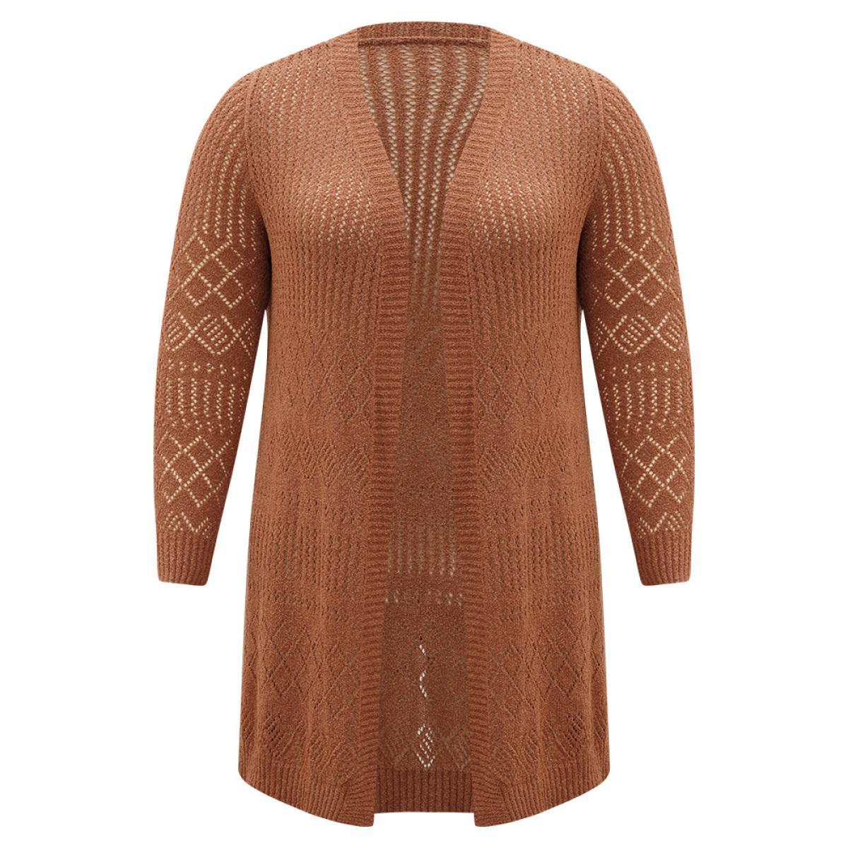 Plus Size Solid Geometric Hollow Out Open Front Cardigan Chocolate Women Casual Long Sleeve Dailywear Cardigans BloomChic 22-24/3X Product Image