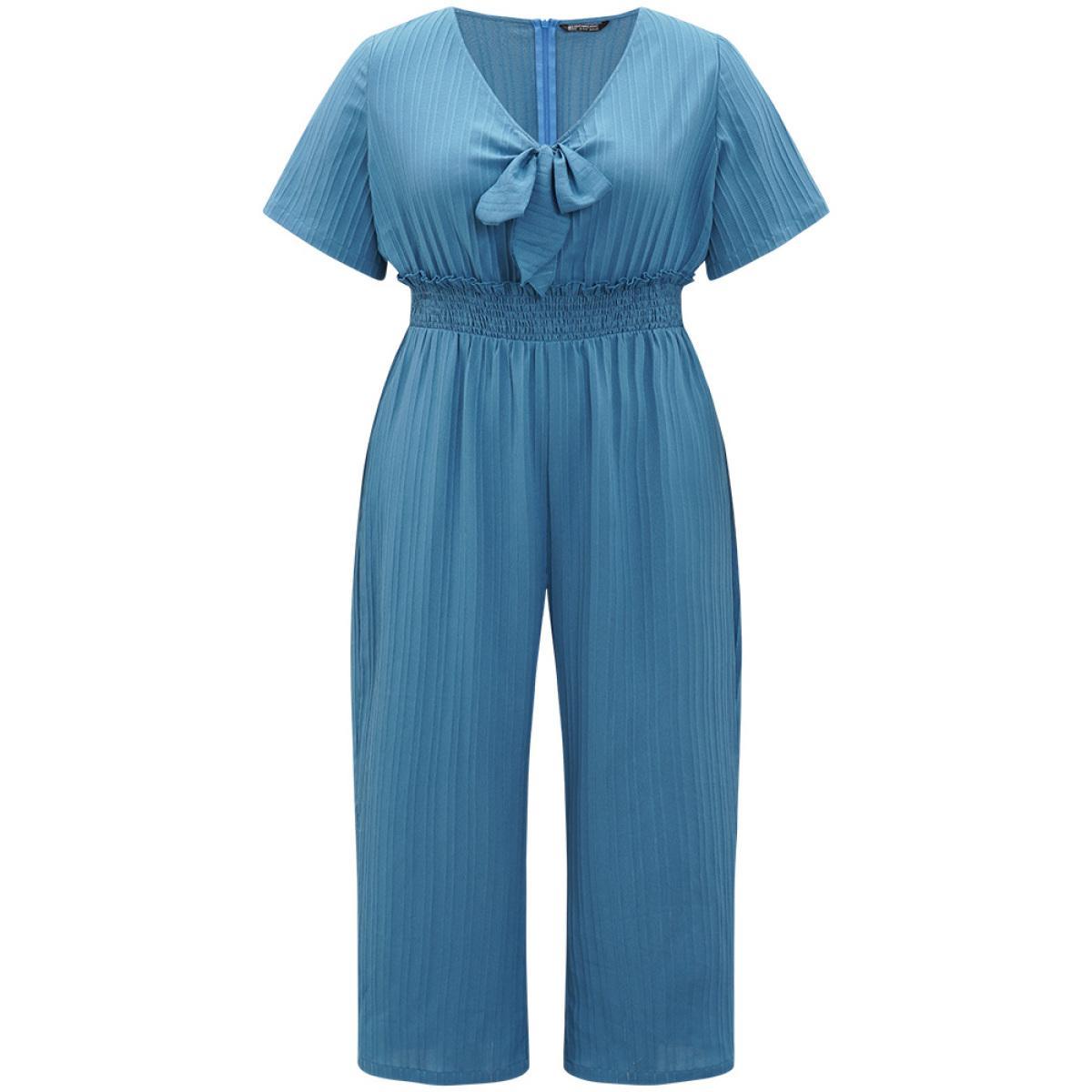 Plus Size Cerulean Textured Bowknot V Neck Shirred Pocket Jumpsuit Women Elegant Half Sleeve V-neck Dailywear Loose Jumpsuits BloomChic 12/L Product Image