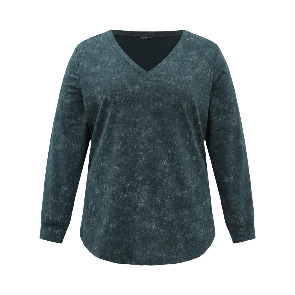 Plus Size Solid Vintage V Neck Sweatshirt Women Cyan Casual Plain V-neck Dailywear Sweatshirts BloomChic 28/5X Product Image