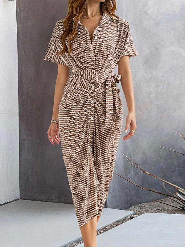 Bodycon Half Sleeves Buttoned Contrast Color Tied Waist Lapel Midi Dresses Product Image