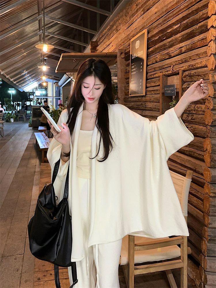 Plain Long Open Front Cardigan / Drawstring Waist Wide Leg Pants Product Image