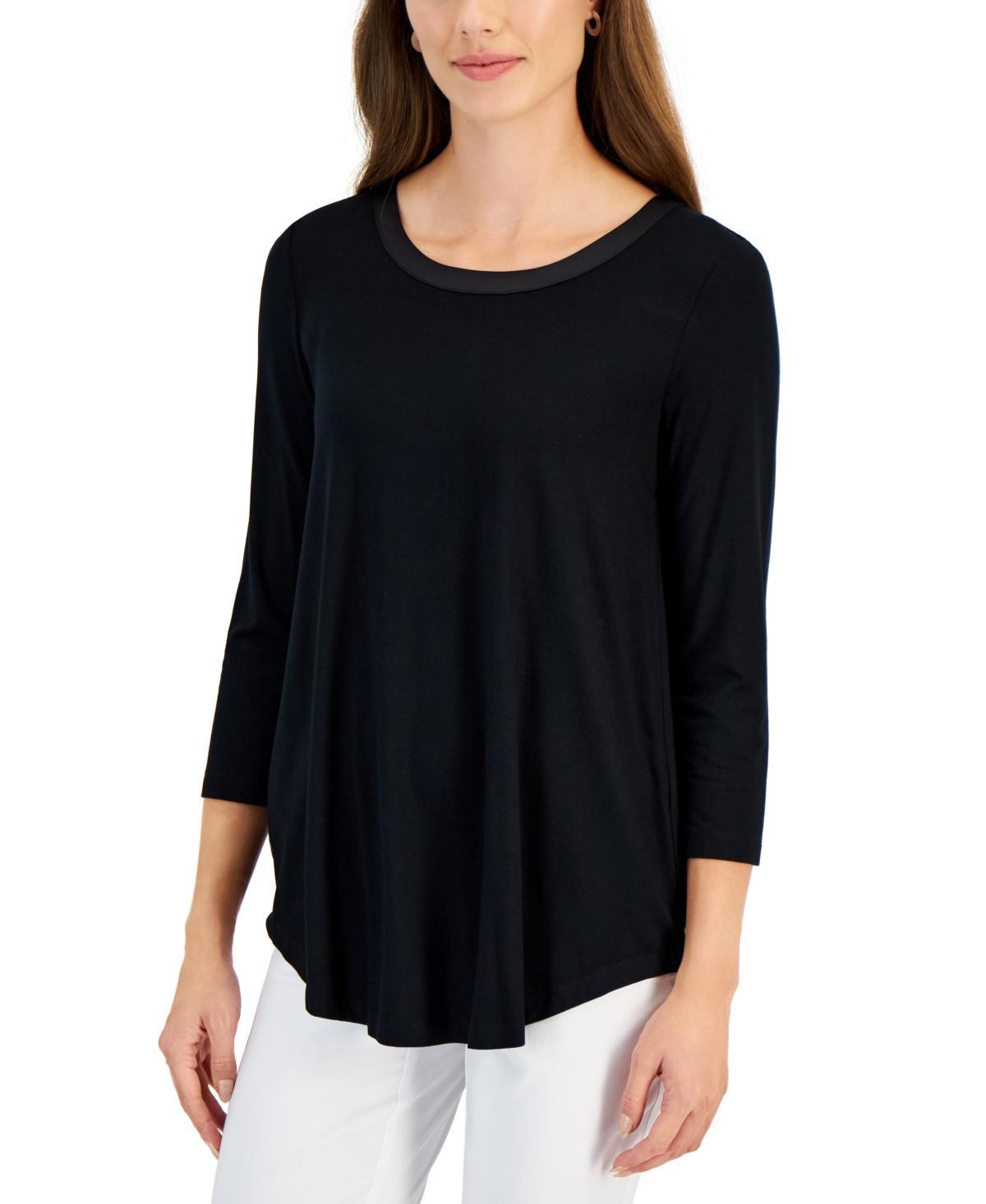 Jm Collection Petite Satin-Trim 3/4-Sleeve Top, Created for Macys Product Image