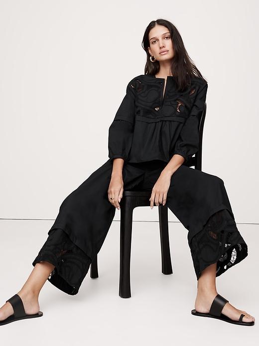 High-Rise Wide-Leg Embroidered Cotton Poplin Cropped Pull-On Pant Product Image