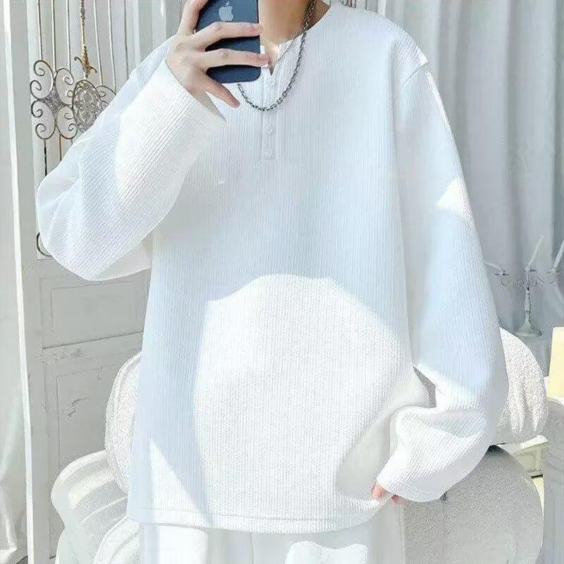 Long Sleeve Notch Neck Plain Button T-Shirt Product Image