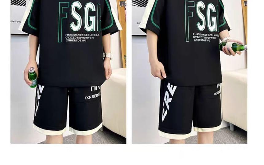 Set: 3/4-Sleeve Crew Neck Lettering Print T-Shirt + Drawstring Waist Wide Leg Sweat Shorts Product Image