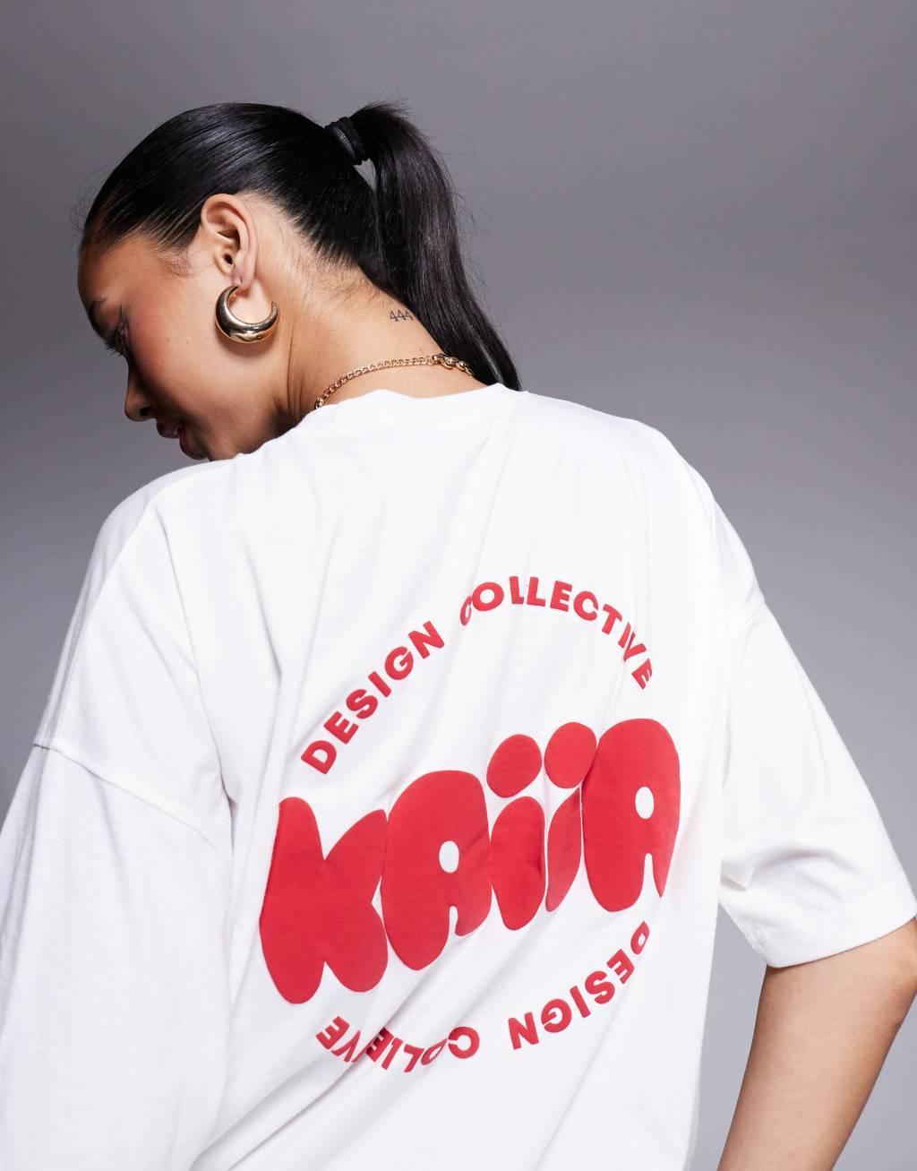 Kaiia Studio bubble logo back print oversized t-shirt in white and red Product Image