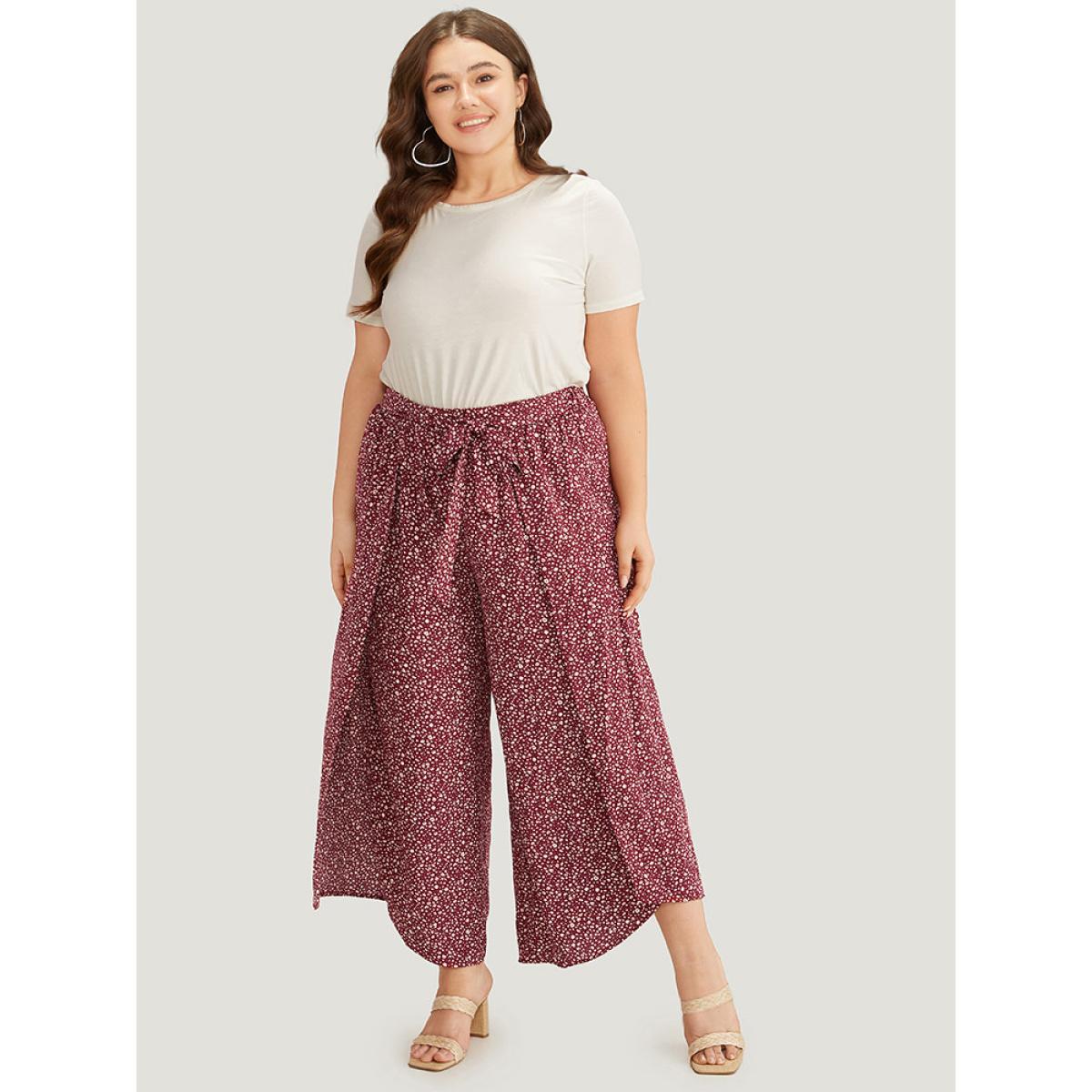 Plus Size Leopard Print Ties Wrap Hem Wide Leg Pants Women Burgundy Vacation Wide Leg High Rise Dailywear Pants BloomChic 26/4X Product Image