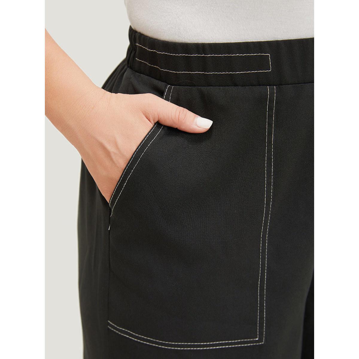 Plus Size Plain Stitch Slant Pocket High Rise Pants Women Black Elegant Straight Leg High Rise Dailywear Pants BloomChic 28/5X Product Image