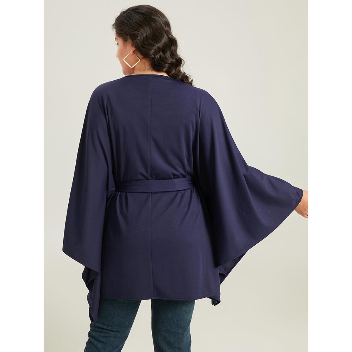Plus Size Plain Drape Surplice Neck Belted Kimono Women Indigo Casual Drape Loose Belt Everyday Kimonos BloomChic 10/M Product Image