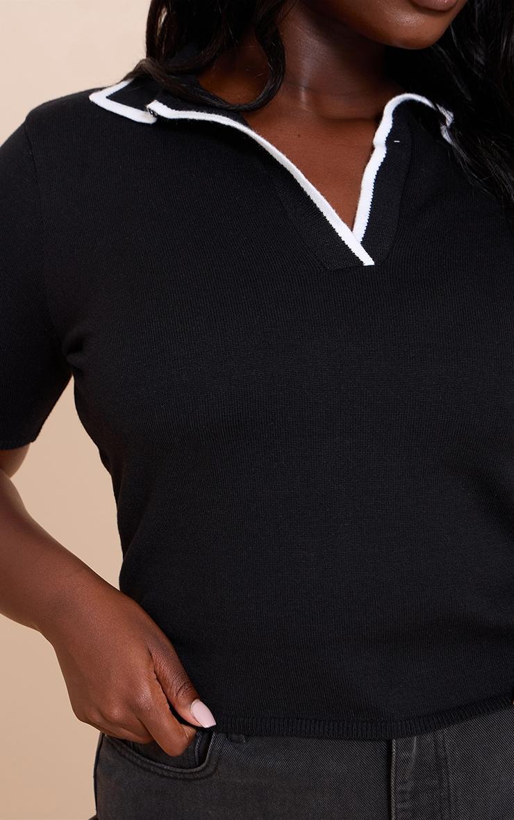 Plus Black Knitted Contrast Polo Collar Top Product Image