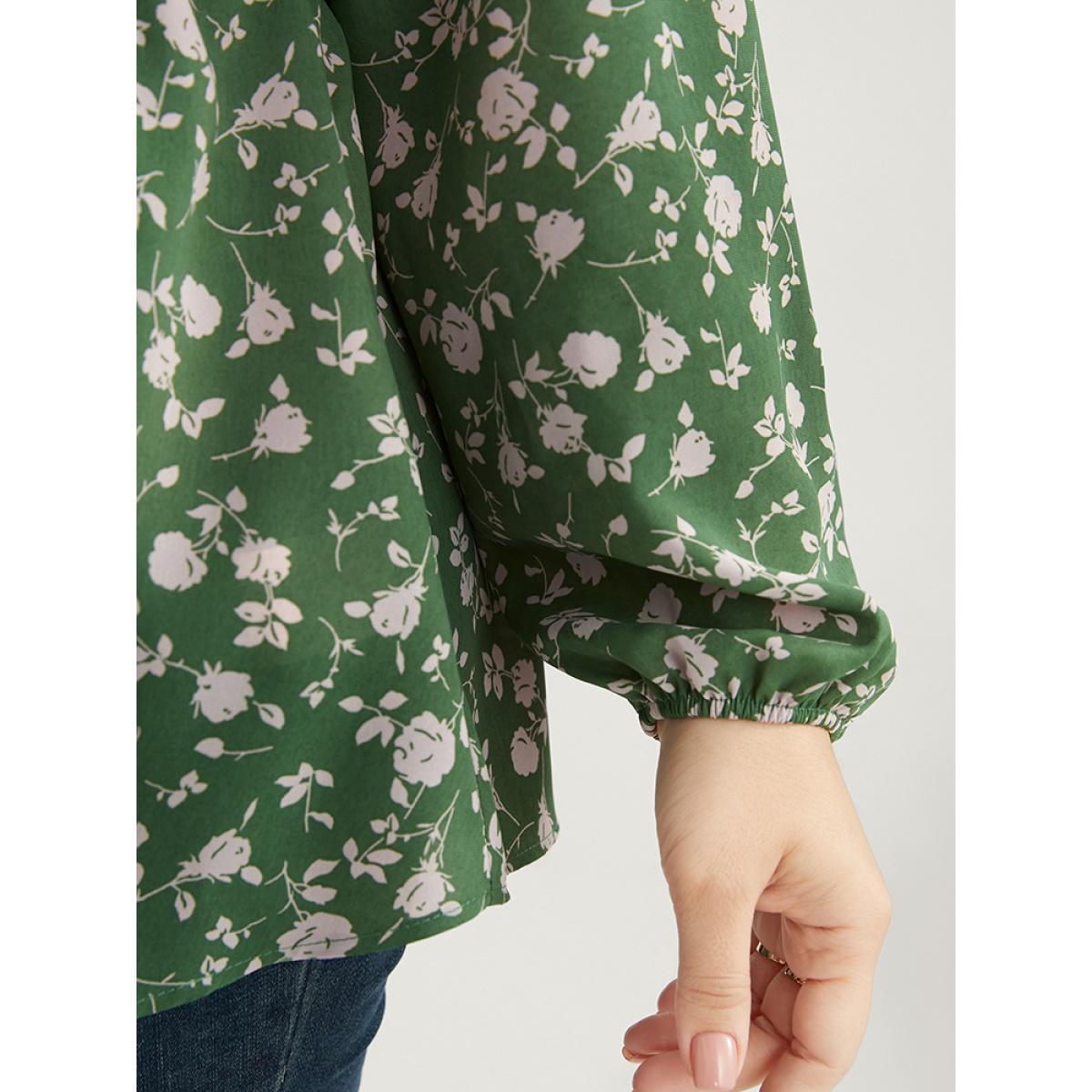 Plus Size Green Ditsy Floral V Neck Lantern Sleeve Blouse Women Elegant Long Sleeve V-neck Dailywear Blouses BloomChic 18-20/2X Product Image