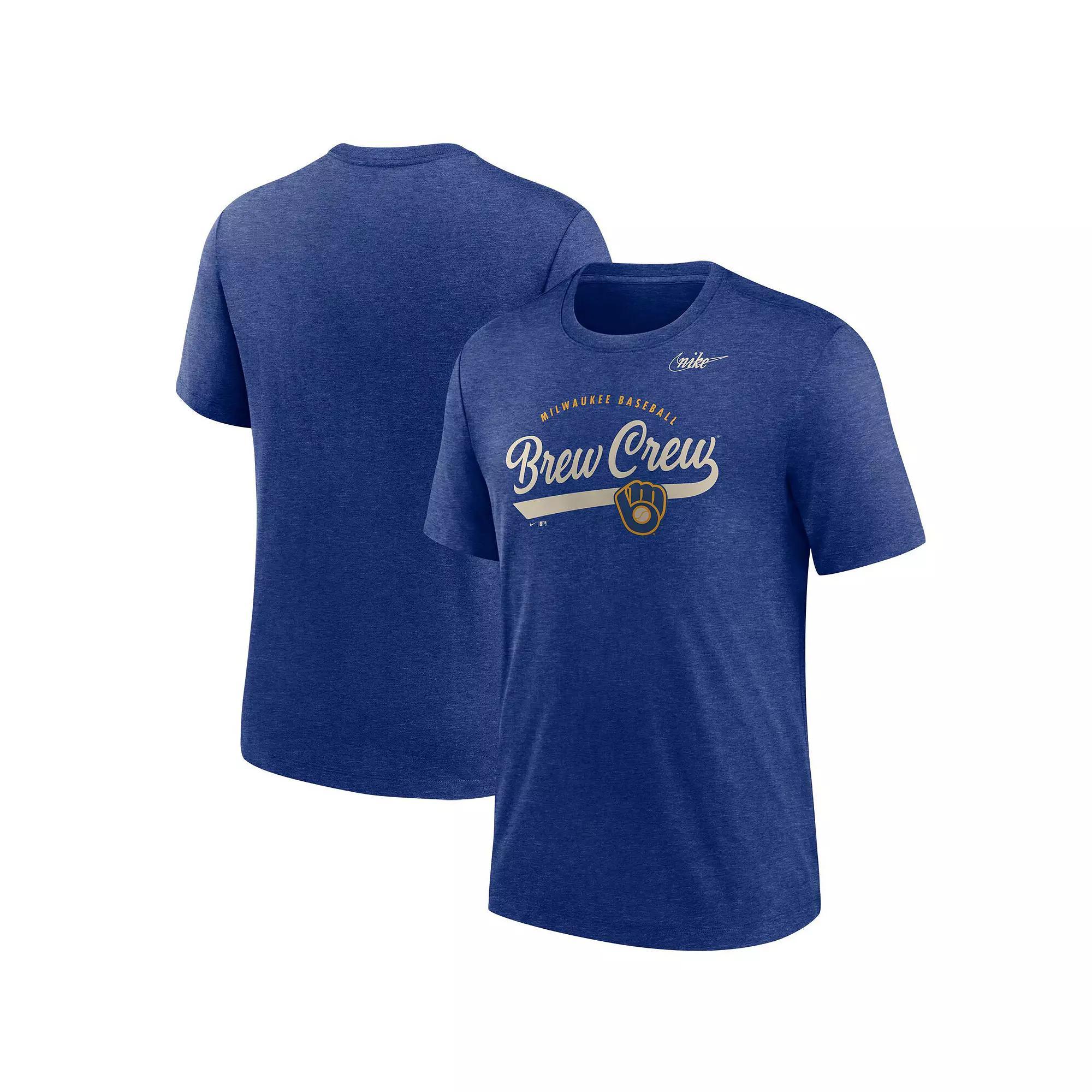 Men's Nike Heather Royal Milwaukee Brewers Cooperstown Nickname Tri-Blend T-Shirt, Size: Small, Blue Product Image