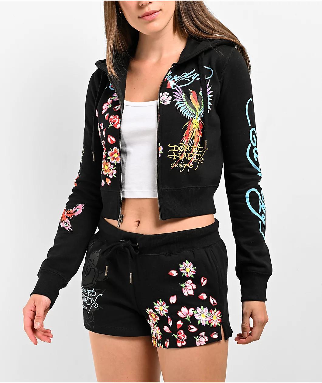 Ed Hardy Phoenix Y2K Black Crop Zip Hoodie Product Image
