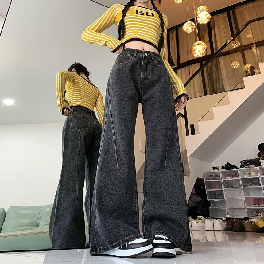 High Rise Washed Leopard Print Wide Leg Jeans Product Image