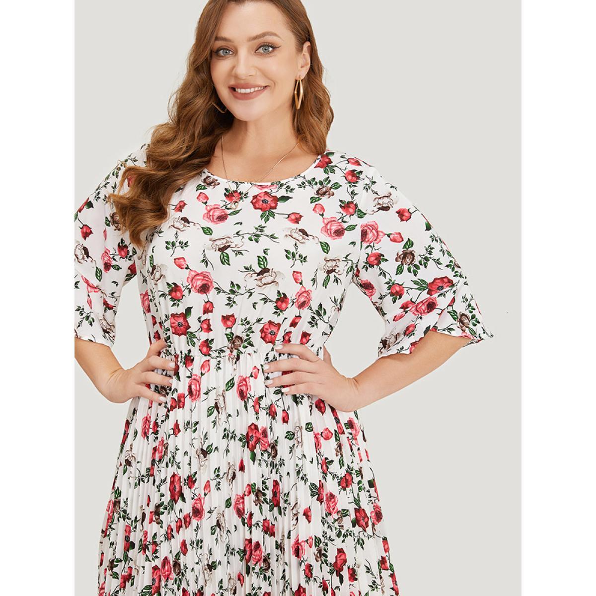 Plus Size Floral Print Pleated Hem Pocket Bell Sleeve Midi Dress Multicolor Women Elegant Pleated Round Neck Half Sleeve Curvy Midi Dress BloomChic 12/L Product Image