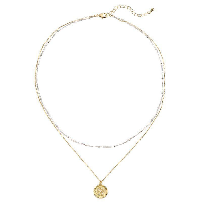 City Luxe Two Tone Layered Initial Disc Necklace with Cubic Zirconia, Women's, Size: 18", Two Tone S Product Image