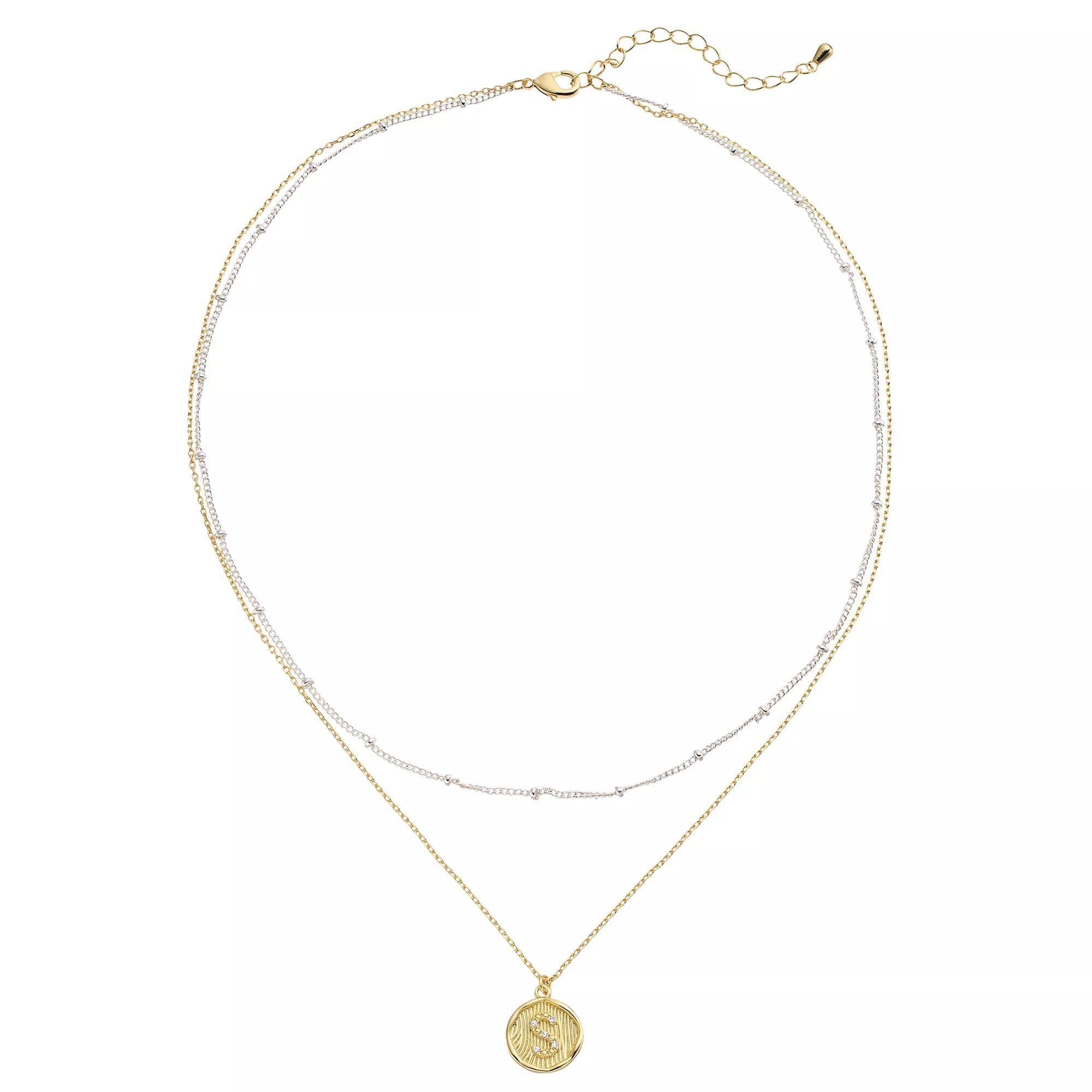 City Luxe Two Tone Layered Initial Disc Necklace with Cubic Zirconia, Women's, Size: 18", Two Tone S Product Image