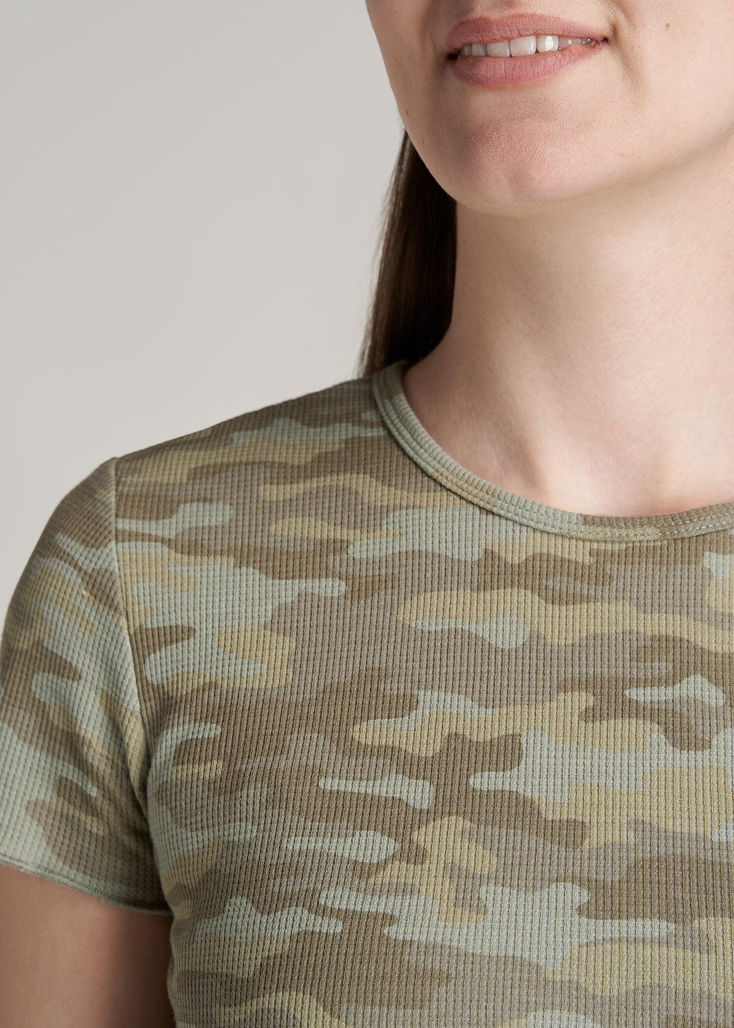 Cropped Waffle Tee for Tall Women in Green Camo Print Product Image