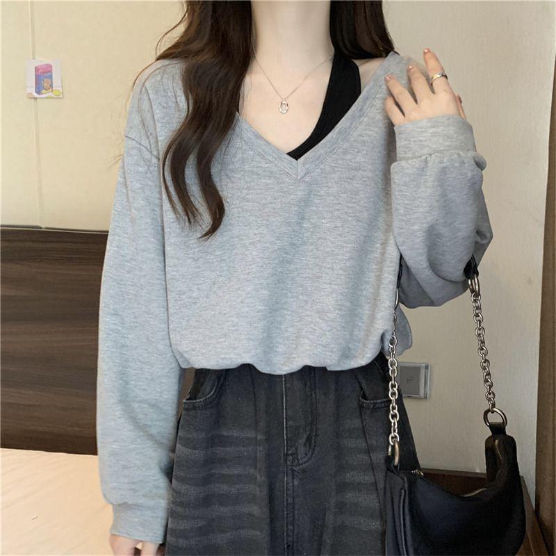 V-Neck Plain Mock Two-Piece Pullover Product Image