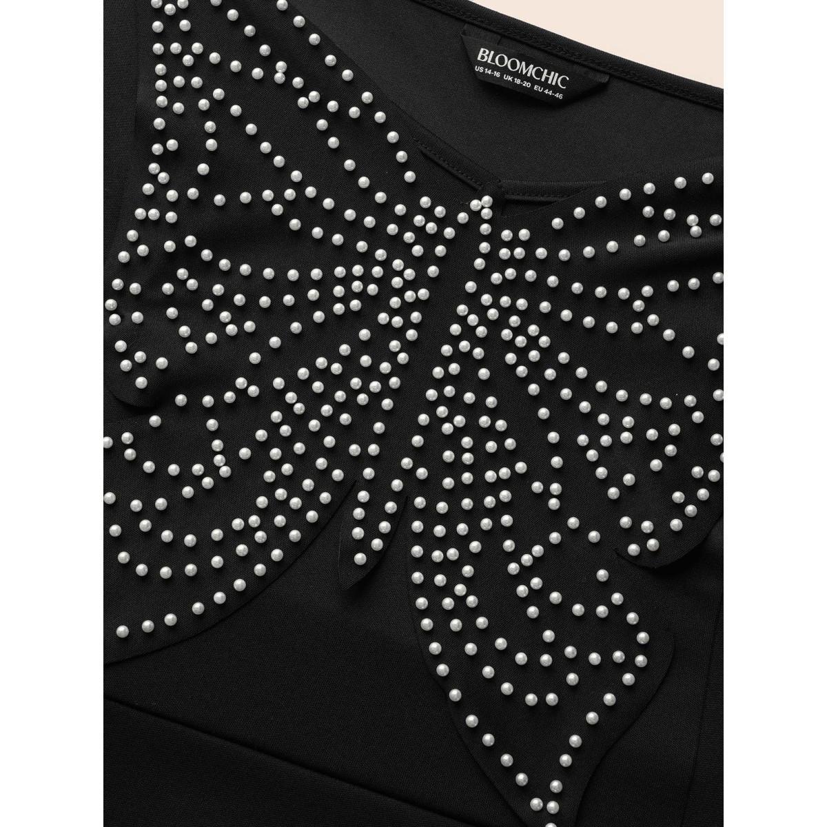 Plus Size Butterfly Pearl Beaded Cami Dress Black Women Elegant Beaded V-neck Sleeveless Curvy BloomChic 10/M Product Image