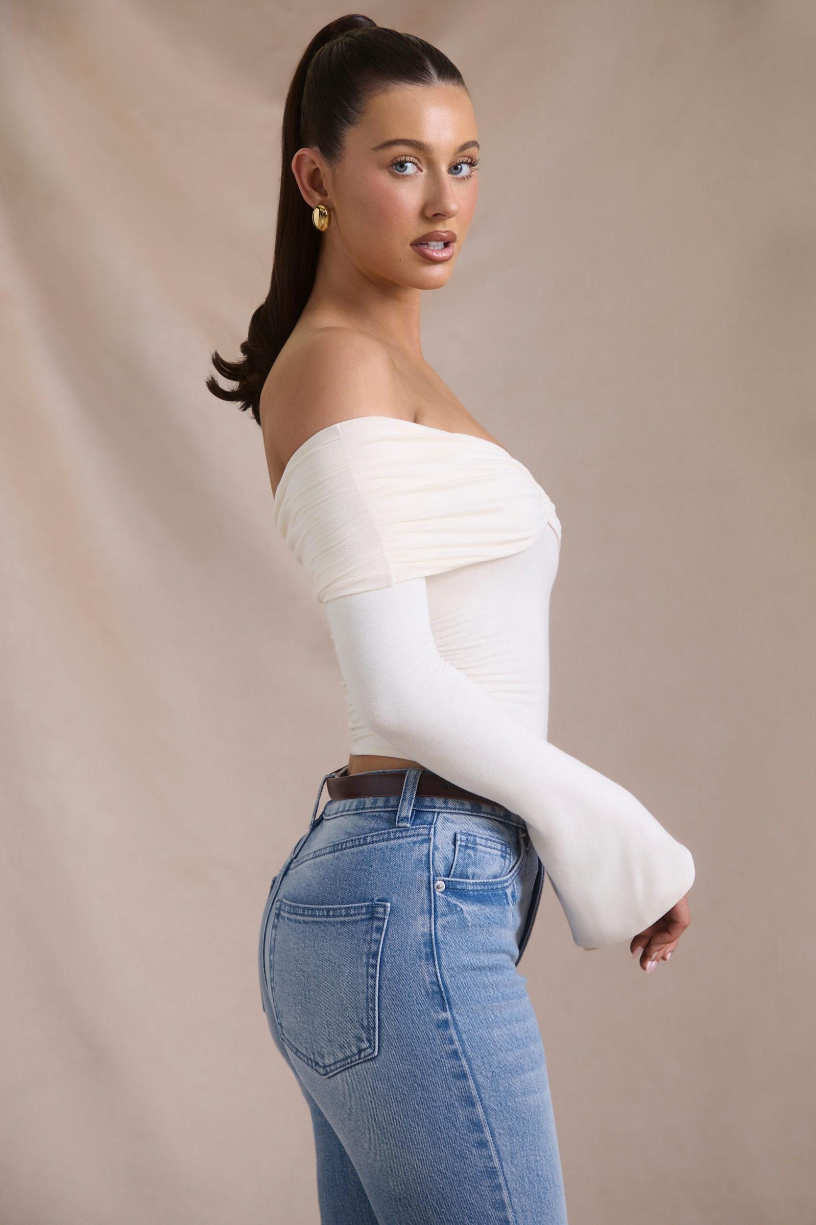 Modal-Cashmere Blend Off-Shoulder Ruched Top in Ivory Product Image