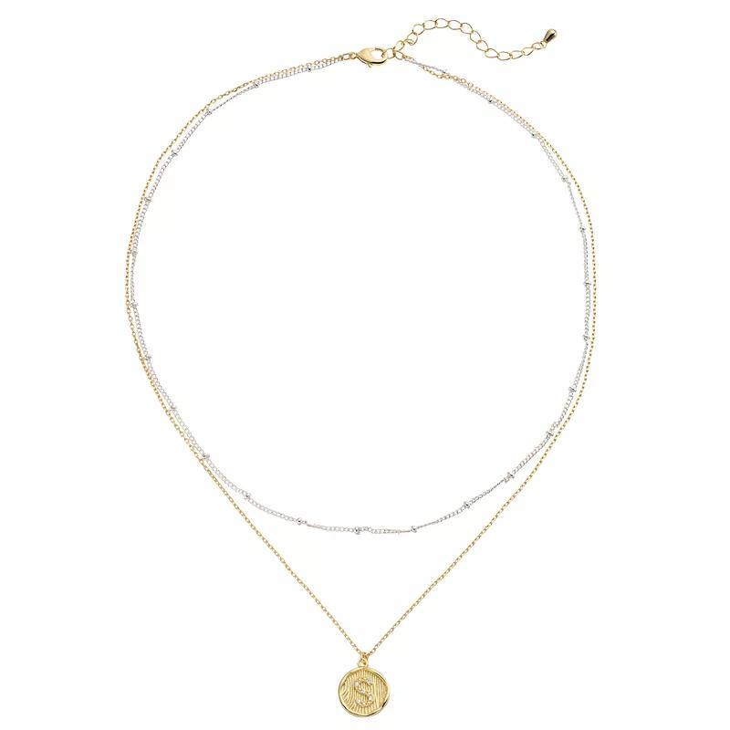 City Luxe Two Tone Layered Initial Disc Necklace with Cubic Zirconia, Women's, Size: 18", Two Tone S Product Image