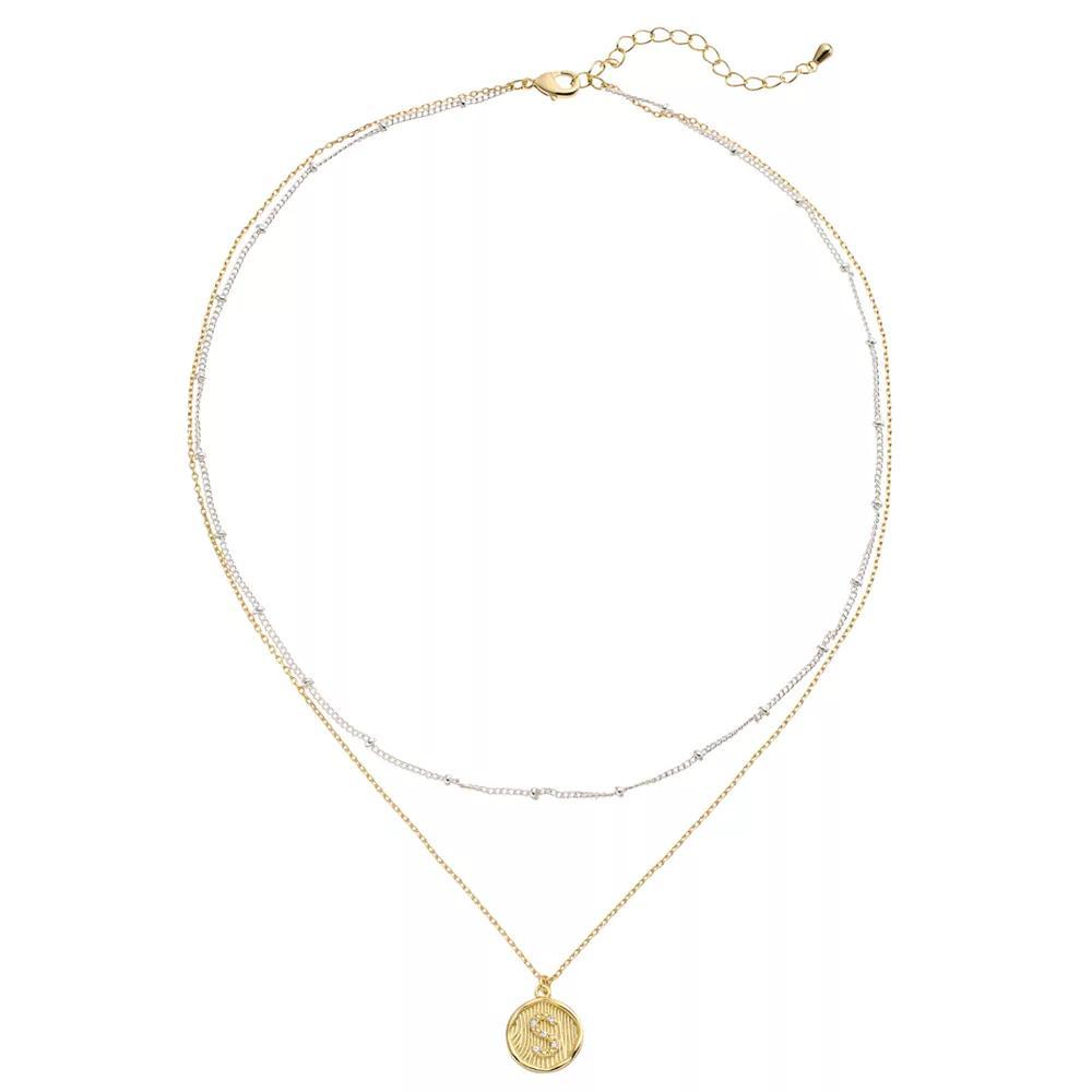 City Luxe Two Tone Layered Initial Disc Necklace with Cubic Zirconia, Women's, Size: 18", Two Tone S Product Image