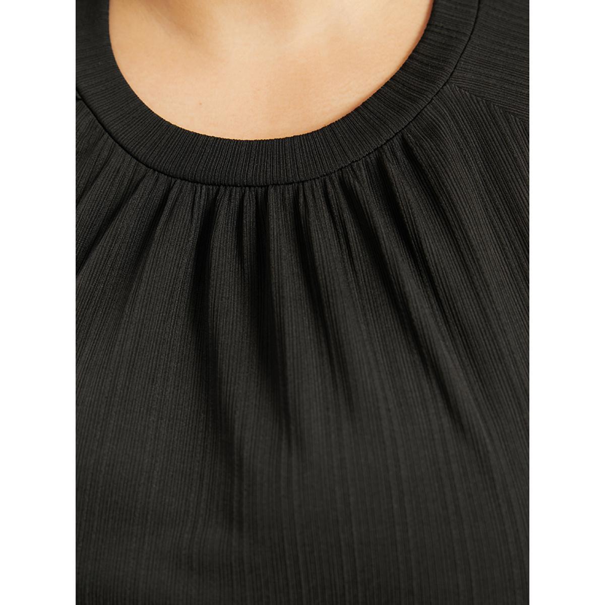 Plus Size Rib Knit Solid Pocket Pleated Belted Dress Black Women Casual Plain Round Neck Long Sleeve Curvy Midi Dress BloomChic 12/L Product Image