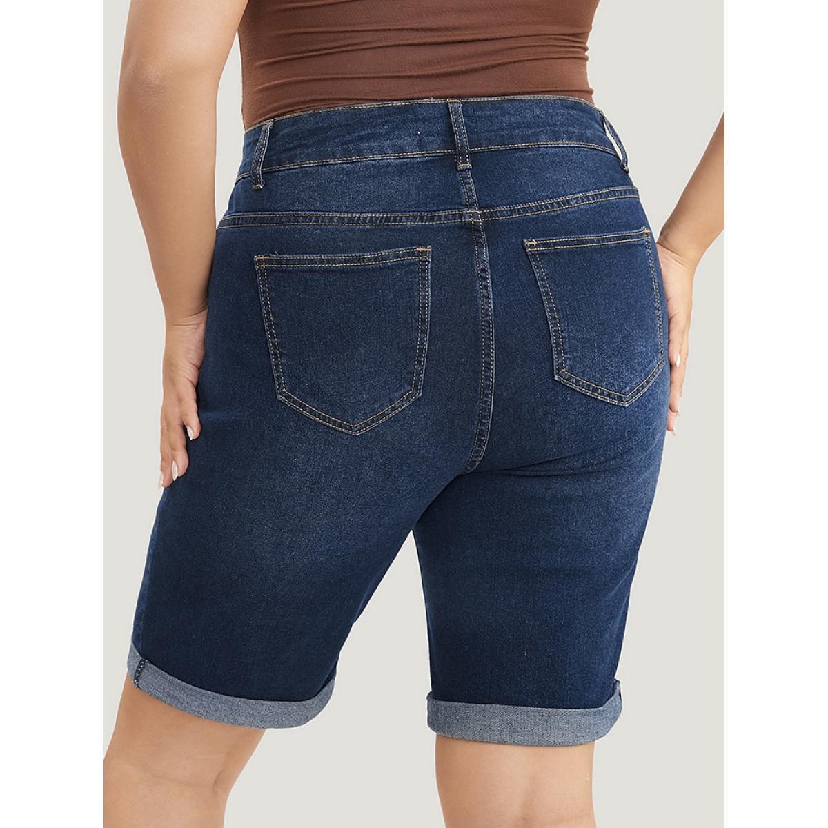 Plus Size Slightly Stretchy High Rise Dark Wash Distressed Denim Shorts Women DarkBlue Casual Plain Distressed Low stretch Pocket Jeans BloomChic 18/2X Product Image