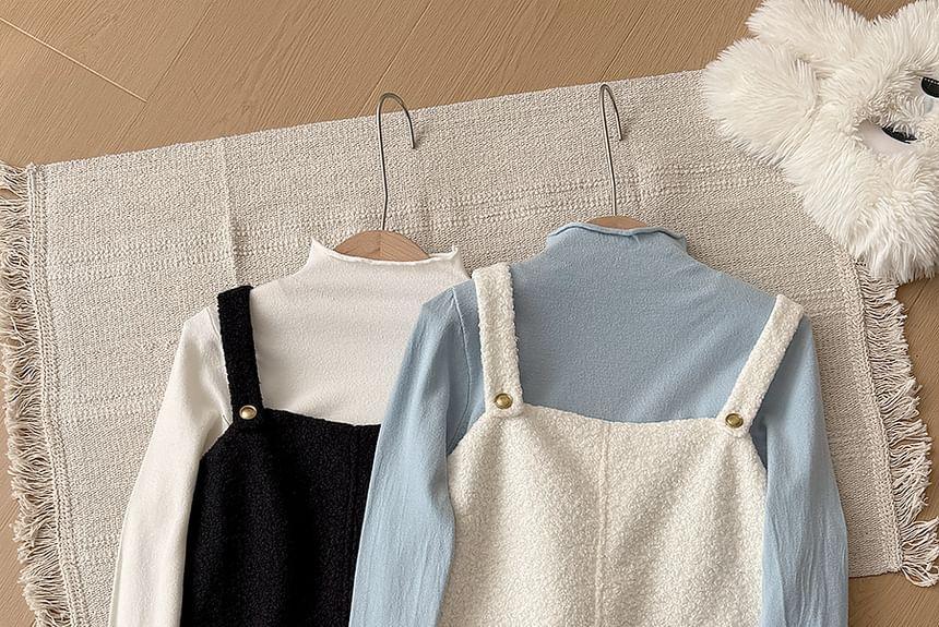 Set: Long-Sleeve Mock Neck Plain T-Shirt + Plain Mini Pinafore Dress Product Image