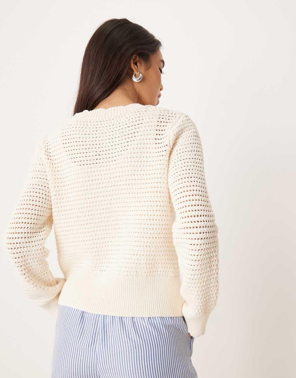 ASOS DESIGN knit crochet look cardigan with scalloped edge in ecru Product Image