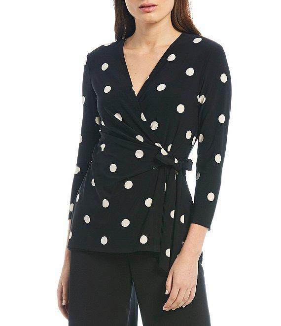 Anne Klein Knit Jersey Polka Dot Print V-Neck 34 Sleeve Faux Product Image