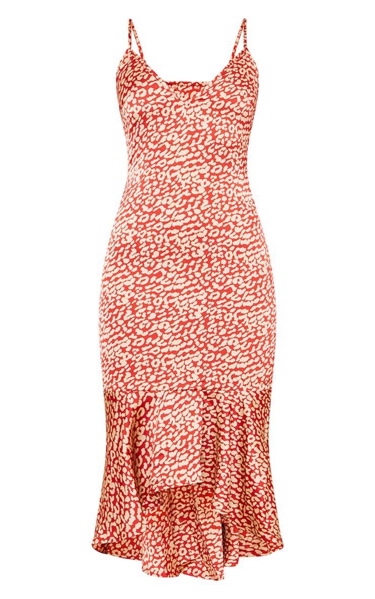 Red Leopard Print Frill Hem Midi Dress Product Image