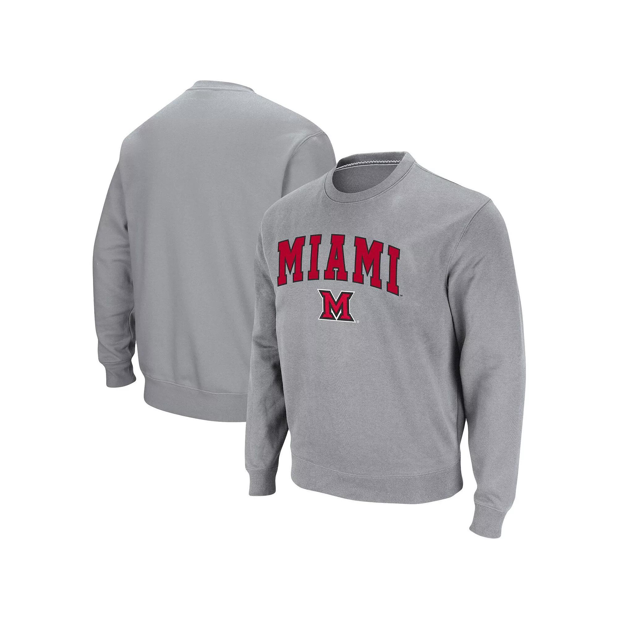 Men's Colosseum Heathered Gray Miami University RedHawks Arch & Logo Tackle Twill Pullover Sweatshirt, Size: 3XL, Moh Grey Product Image