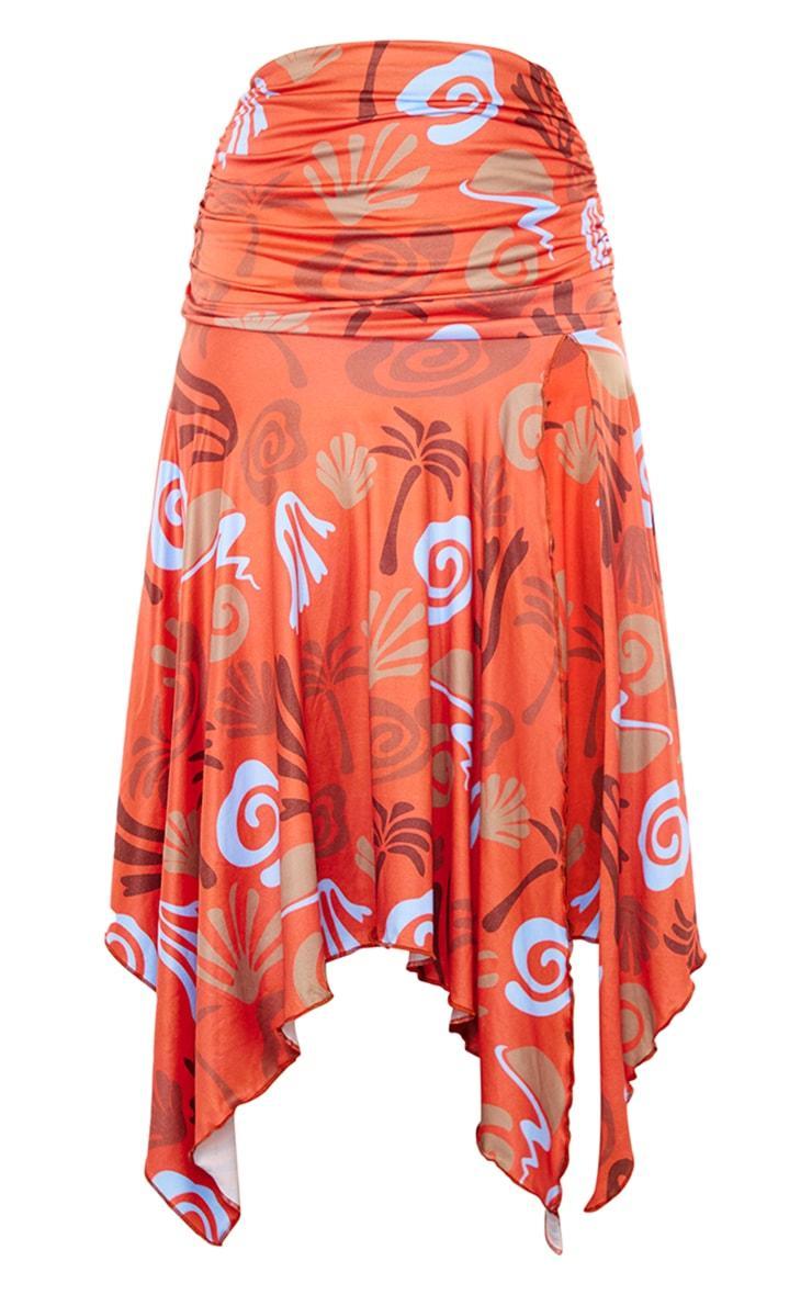 Red Abstract Swirl Soft Touch Ruched Asymmetric Midi Skirt Product Image
